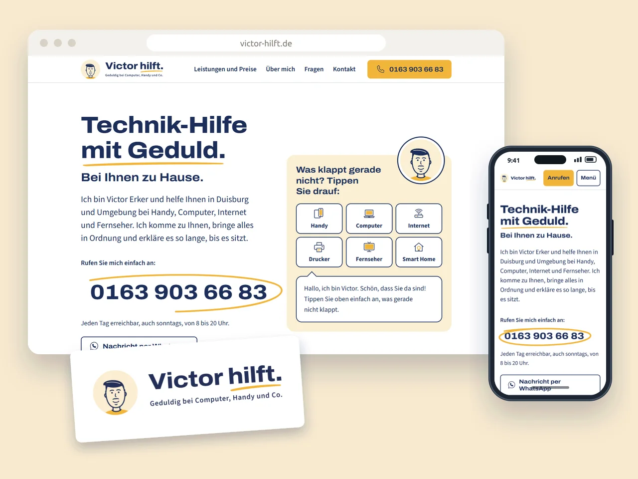 Kundenprojekt: Webseite von Victor hilft am Bildschirm und auf dem Handy, oben die Überschrift „Technik-Hilfe mit Geduld“ und die Telefonnummer, davor das Logo mit gezeichnetem Kopf auf einer Karte