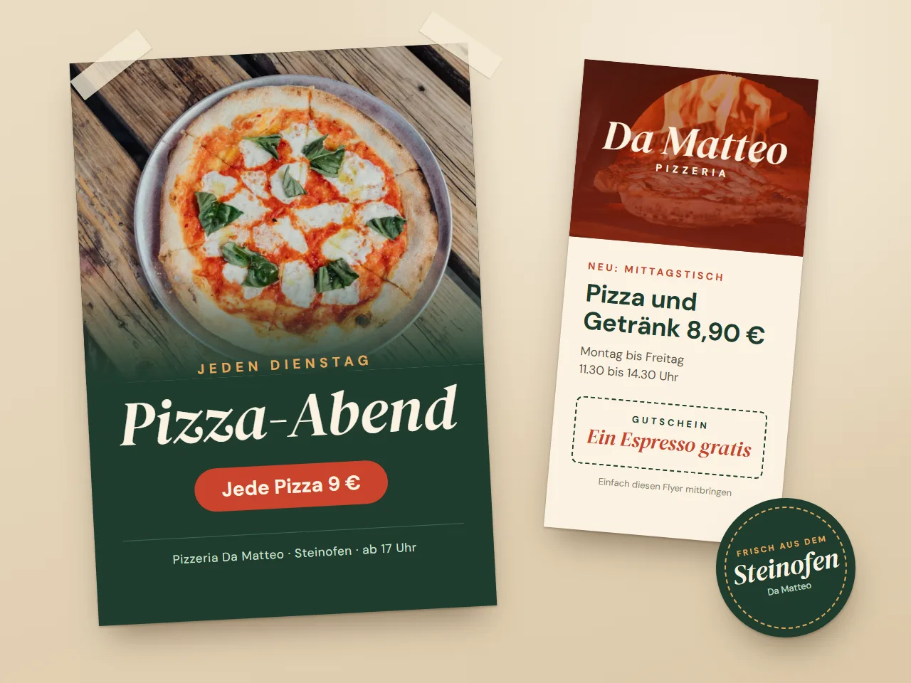 Designstudie: Plakat, Flyer und Aufkleber für die Pizzeria Da Matteo